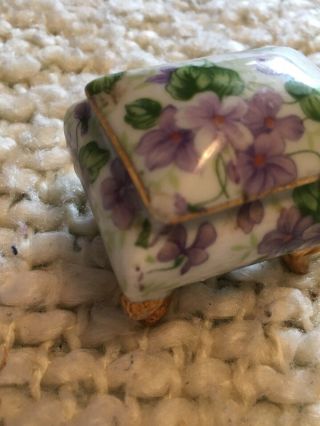China Box Purple Violets Lid Footed Dresser Box Rings Pills Trinkets 2”
