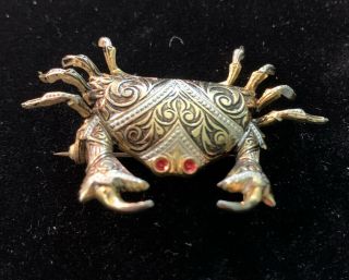 Vintage Damascene Style Crab Crustacean Red Rhinestones Gold Tone Metal Brooch