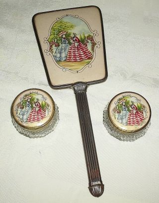 Vintage Handheld Beveled Mirror & 2 Dresser Vanity Jars Southern Belles Picture