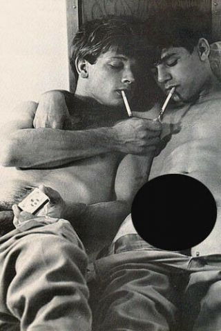2 Nude Young Men Smoking In Bed,  Vintage Old Photo (reprint)