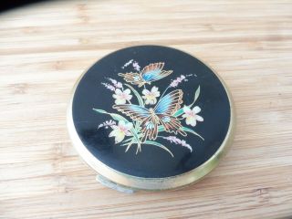 Vintage Stratton Mirrored Compact Black Enamelled Gold Coloured Butterflys