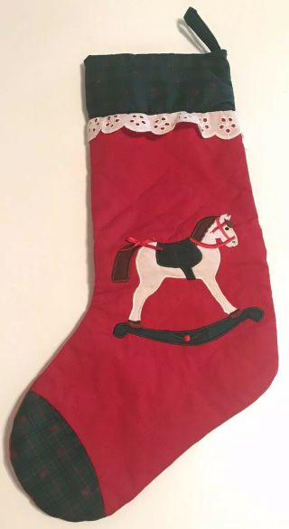 Hallmark Red Quilted Christmas Stocking Vintage 18” Long White Rocking Horse
