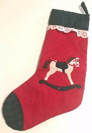 Hallmark Red Quilted Christmas Stocking Vintage 18” Long White Rocking Horse 2