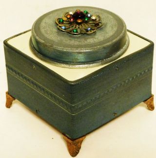 Vintage Musical Square Powder Box With Faux Gem Brooch Topper