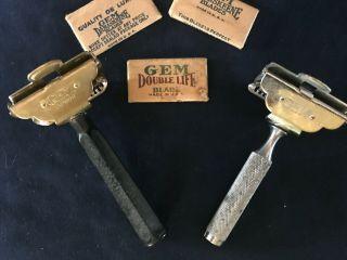 2 Vintage Gem Single Edge Safety Razors 1920s Deluxe & 1930s Junior W/ 3 Blades