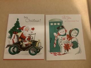 Set Of 2 Vintage 50’s Christmas Greeting Card Snowman & Santa