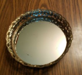 Vintage Gold Tone Filigree Dresser Vanity Mirror Tray Round 7 " Diameter