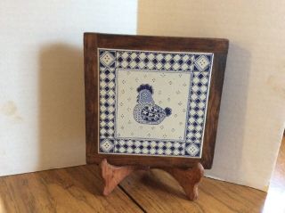 Vintage Italian Piemme Ceramic Tile Trivet With Blue Rustic Hen & Wood Frame