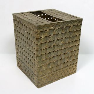 Mid - Century 1960s Regency Gold Basket Weave Square Tissue Box Cover