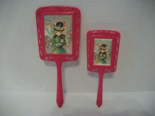 Vintage Plastic Hand - Held Mirror And Brush Set - Hot Pink Color W/flower Design