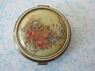 Vintage Brass Powder Compact Hand Painted Floral With Ribbons