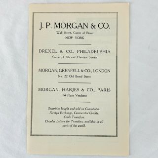 Vintage 1923 J.  P.  Morgan & Co.  Stock Brokers Ny Pa London Paris Print Ad