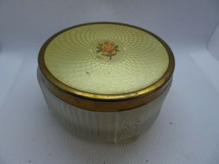 Vintage Glass Lalique Style Face Powder Box Foral Relief Metal Lid