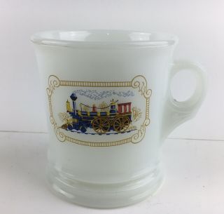 Vintage Avon Milk Glass Shaving Mug Cup With Train Locomotive Graphics