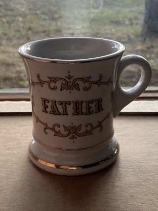 Vintage Antique " Father " Shaving Cup Mug Floral Gold Trim With Holder For Razor