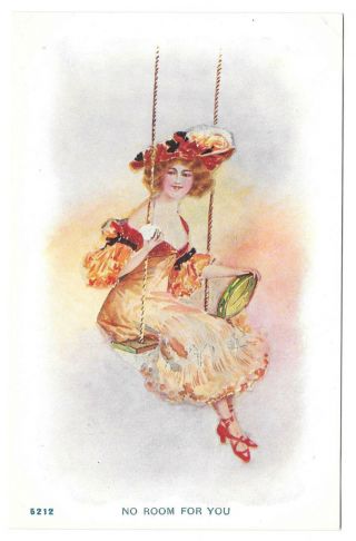 Woman On Swing Holding Tambourine No Room For You Vintage Postcard