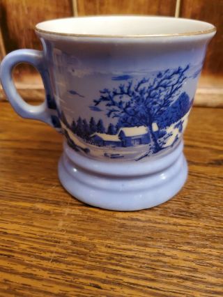 Vintage Shaving Mug Cup Currier And Ives Blue Ceramic Farmer 