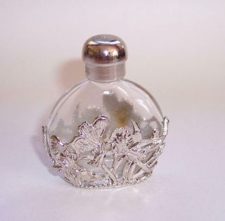 Vintage Miniature Clear Glass Perfume Bottle With Silver Tone Flower Decoration