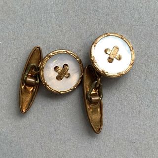 Retro Vintage Gilt Metal Flat Button Cufflinks Mother Of Pearl Effect Gold Tone
