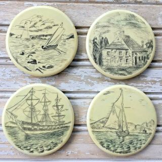 Set Of 4 Faux Scrimshaw Nautical Tall Ships Ocean Vintage Drink Glass Coasters
