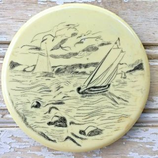 Set of 4 Faux Scrimshaw Nautical Tall Ships Ocean Vintage Drink Glass Coasters 2