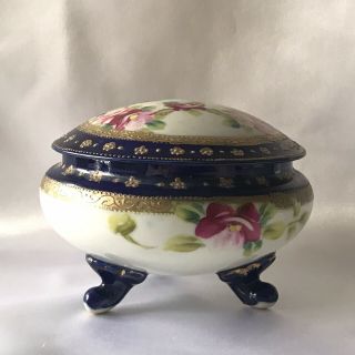 Vintage Hand Painted Nippon Blue And Gold Covered Footed Dresser Jar Jewelry Box