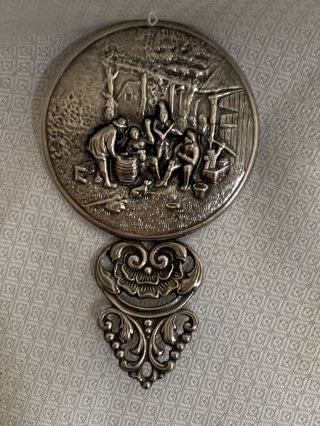 Vintage Denmark Silver Hand Held Small Silver Mirror Repousse Scene,  Stamped