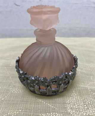 Frosted Pink Glass Vanity Perfume Bottle With Metal Base