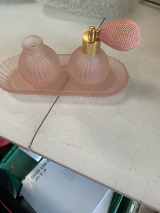 Pink Satin Glass Vanity Set Perfume Bottle With Tray