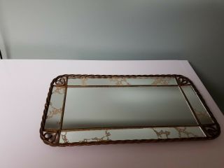 Vintage Vanity Mirror Brass/gold Color Metal Frame Rectangle Hang Or Lay Flat