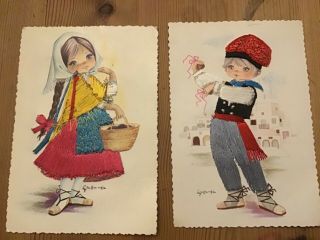 2 X Embroidered Silk Vintage Spanish Child Postcards Ibiza