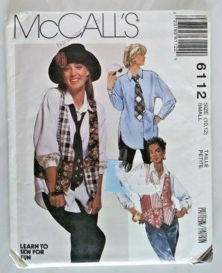 Mccalls Sewing Pattern 6112 Ladies Button Down Shirt,  Vest And Tie Vintage Uncut