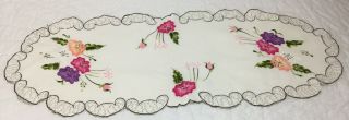 Vintage Dresser Scarf,  Embroidered Flowers,  Leaves,  Polyester,  Off White,  Multi