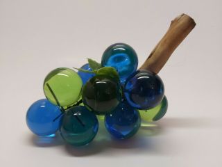 Mcm Vintage Green And Blue Acrylic Lucite Grape Cluster On Driftwood Stem