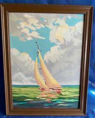 Vintage 1950 Paint By Number Sailboat Schooner Sea Scape Mid Century Modern