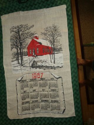 1967 Vintage Cloth Calendar Tea Towel Linen School House Barn Farm Country