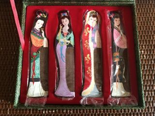 Nos Vintage Set Of 4 Geisha Girl 6 " Painted Wood Combs Changzhou W/box C5