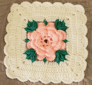 Vintage Handmade Crochet Pot Holder Trivet Decor Decoration Pink Flower