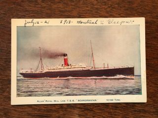 Allen Royal Mail Line T.  S.  S.  Scandinavian Ship Vintage Postcard 1913