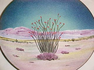 Lily Alexander Modern Enamel Copper Art Plate Desert Ocotillo Landscape Painting
