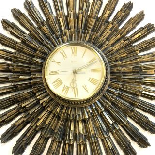 Syroco 1969 Mid Century Modern 22 " Black Gold Starburst,  Sunburst Wall Clock