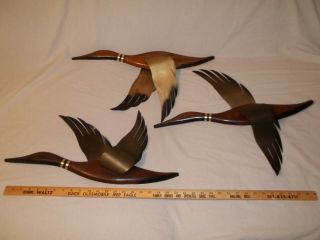3 Vintage Masketeers Flying Geese Ducks Mid Century Wood Brass Wall Art Decor