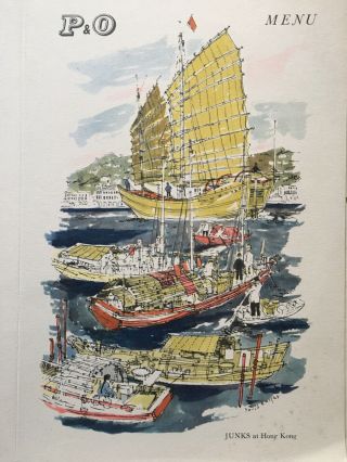 Vintage P & O Cruise Liner Dinner Menu Cover " Chinese Junks At Hong Kong "
