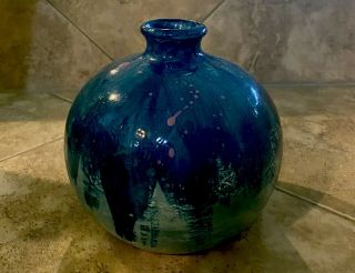 Vintage Studio Pottery Black Turquoise Irredescent Drip Glaze Vase,  Great Cond.