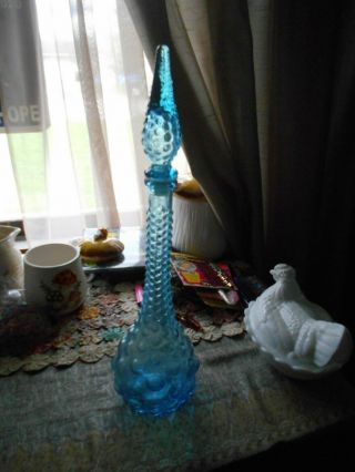 Vintage Tall Glass Bright Blue Glass Genie Bottle Bubble Pattern