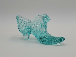 Vintage Fenton Hobnail Cat Head Slipper Shoe Blue Aqua Teal Art Glass