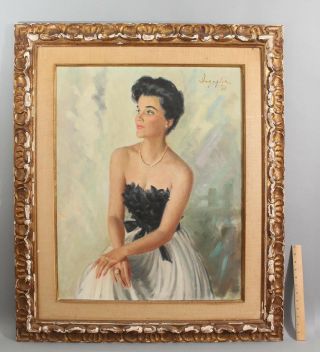 Signed Vintage 1960s Portrait Oil Painting Of Woman Carved Wood Frame