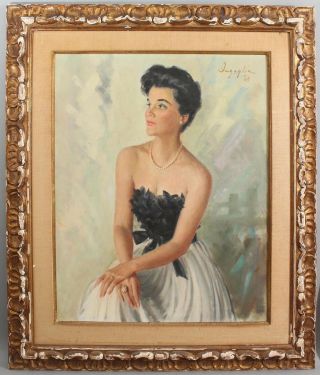 Signed Vintage 1960s Portrait Oil Painting of Woman Carved Wood Frame 2