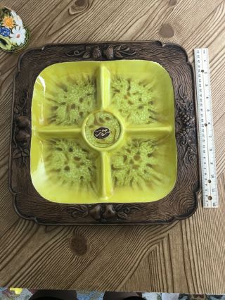 Vintage Mcm Treasure Craft California Pottery Large Divided Tray Yellow And Drip