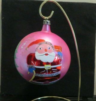 Vintage Hand Painted Large Glass Christmas Ornament Poland Pink W/ Santa & Tree